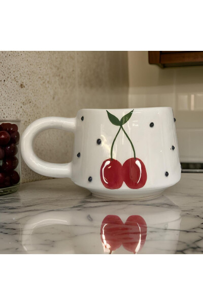 Handcrafted Classic Cherry Ceramic Mug Double Coffee Cup - İLBAY ÇINI TAKI