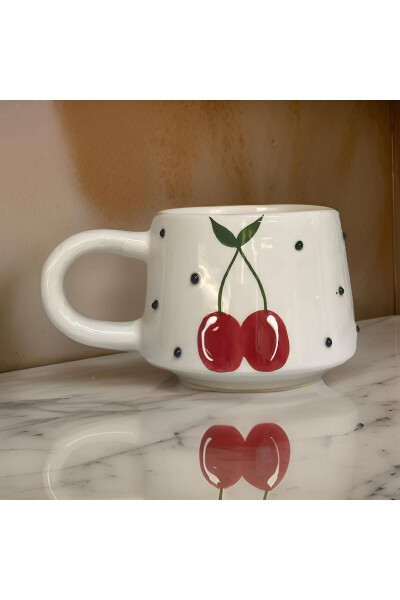 Handcrafted Classic Cherry Ceramic Mug Double Coffee Cup - İLBAY ÇINI TAKI (1)