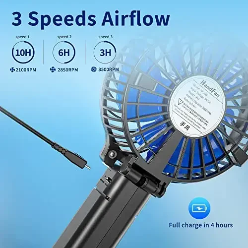 HandFan Portable Handheld Fan, Mini Personal Fan, Battery Operated Cooling Rechargeable, 180° Foldable Small Hand Fan, USB Powered, for Home, Office, Outdoor, Hiking, Travel, Stroller(Black&Blue) - 3
