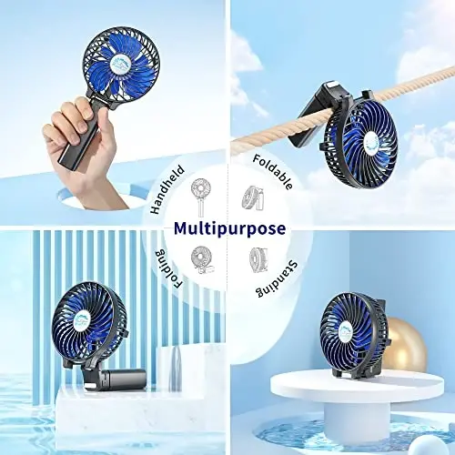 HandFan Portativ qo'l ventilyatori, Mini shaxsiy ventilyator, Batareyada ishlaydigan sovutuvchi qayta zaryadlanuvchi, 180° katlanadigan kichik qo'l ventilyatori, USB bilan quvvatlanadi, uy, ofis, ochiq havoda, sayr, sayohat, aravacha (Qora va ko'k) - 4