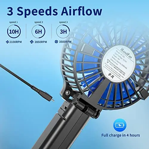 HandFan Portativ qo'lda ishlatiladigan fan, Mini shaxsiy fan, Batareyada ishlaydigan sovutish qayta zaryadlanuvchi, 180° buklanadigan kichik qo'l fan, USB bilan quvvatlanadigan, Uy, Ofis, Tashqi makon, Sayohat, Sayohat, Aravachalar (Qora&Ko'k) - 3
