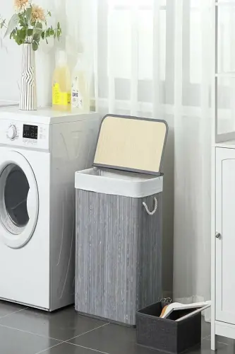 Handmade Bamboo Two Compartment Laundry Basket-Smoke Grey - 3