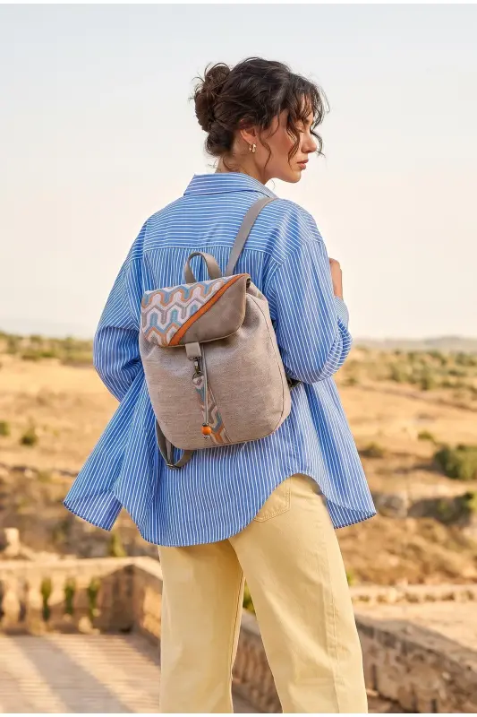 Handmade Beige Women's Backpack - BeigeChevron - 2