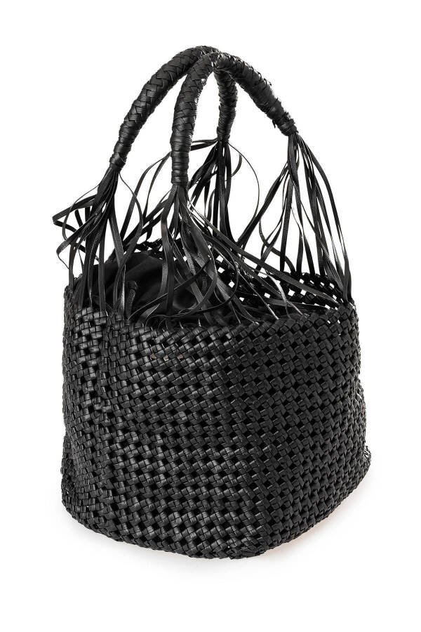 Handmade, black, genuine leather knit bag - 1