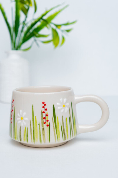 Handmade Ceramic Coffee Cup, Ceramic Double Mug, Cup, White Flower Design Coffee Cup - TOUCHMUGHM