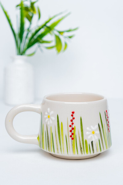 Handmade Ceramic Coffee Cup, Ceramic Double Mug, Cup, White Flower Design Coffee Cup - TOUCHMUGHM (1)