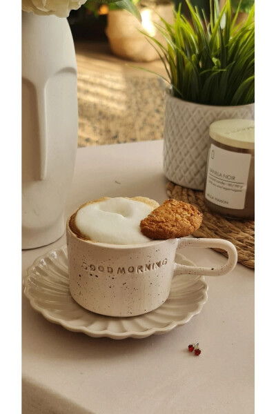Handmade Ceramic Coffee Mug Good Morning White Textured - TERRACO