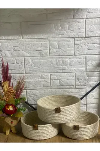 Handmade Ecru 3-Piece Woven Basket Set from Cotton Yarn - Multipurpose Organizer - Organizer Basket - GENEL MARKALAR (1)