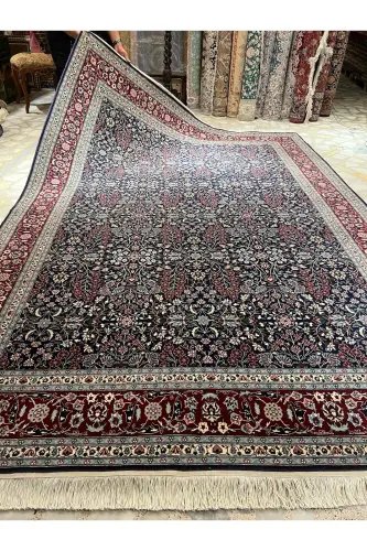 Handmade Hereke Carpet Seven Mountain Flower Model Size 310x218-Navy Blue - 1