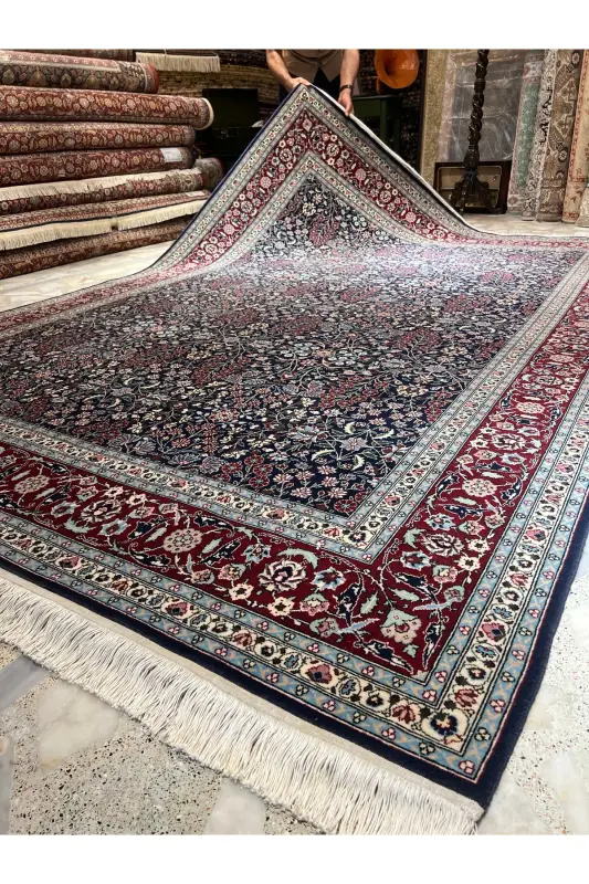 Handmade Hereke Carpet Seven Mountain Flower Model Size 310x218-Navy Blue - 3