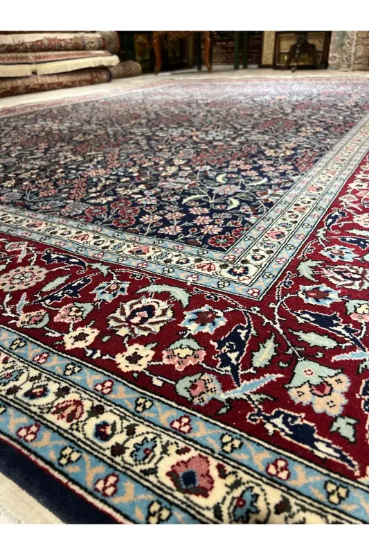 Handmade Hereke Carpet Seven Mountain Flower Model Size 310x218-Navy Blue - 4