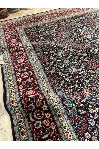 Handmade Hereke Carpet Seven Mountain Flower Model Size 310x218-Navy Blue - 6
