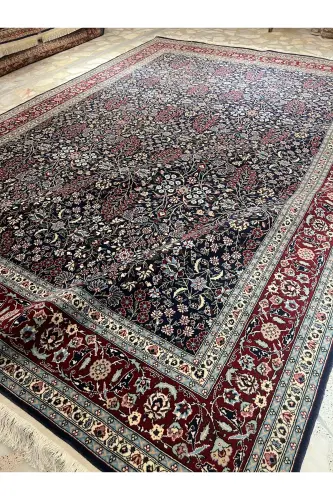 Handmade Hereke Carpet Seven Mountain Flower Model Size 310x218-Navy Blue - 7