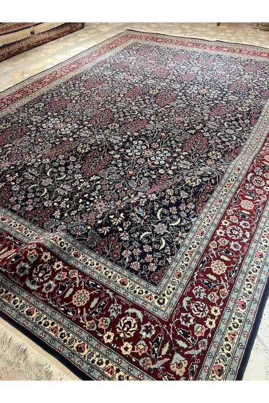 Handmade Hereke Carpet Seven Mountain Flower Model Size 310x218-Navy Blue - 7