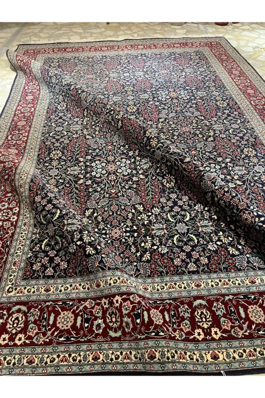 Handmade Hereke Carpet Seven Mountain Flower Model Size 310x218-Navy Blue - 8