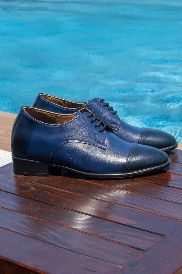 Handmade Navy Blue Oxford Style Shoes with Hidden Heel for Groom, Height Increasing 7/9 Cm - 7