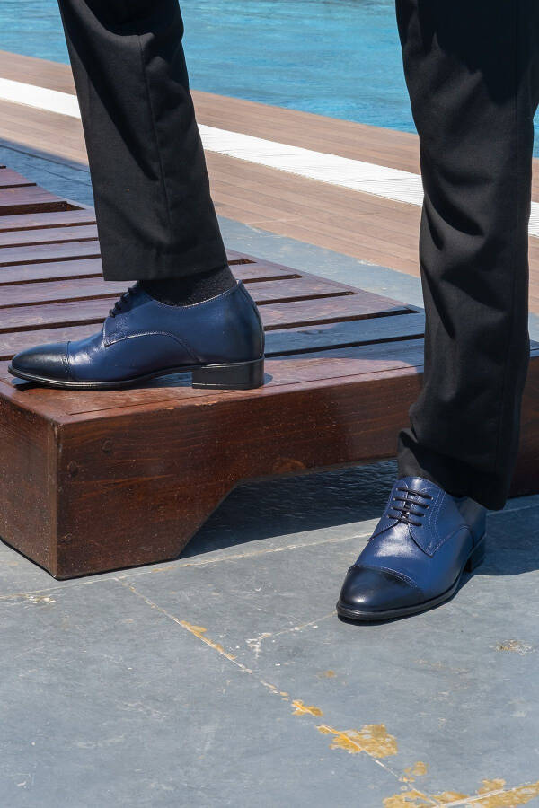 Handmade Navy Blue Oxford Style Shoes with Hidden Heel for Groom, Height Increasing 7/9 Cm - 10