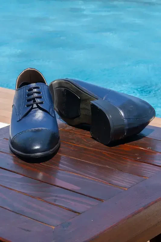 Handmade Navy Blue Oxford Style Shoes with Hidden Heel for Groom, Height Increasing 7/9 Cm - 3