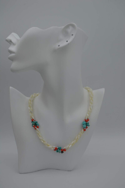 Handmade, unique design, mother-of-pearl and turquoise stone necklace. - 5