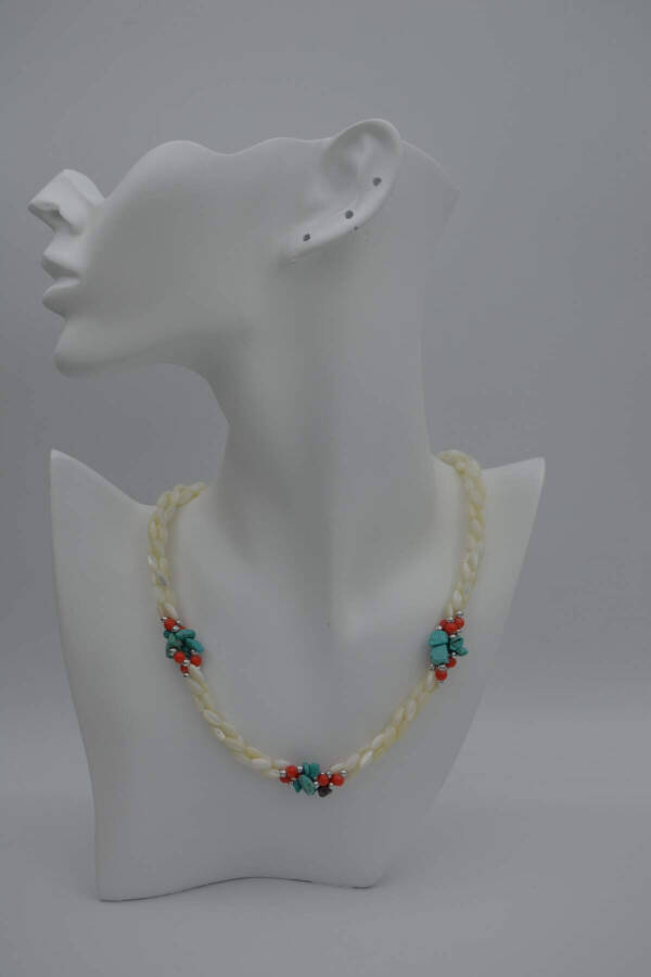 Handmade, unique design, mother-of-pearl and turquoise stone necklace. - 5