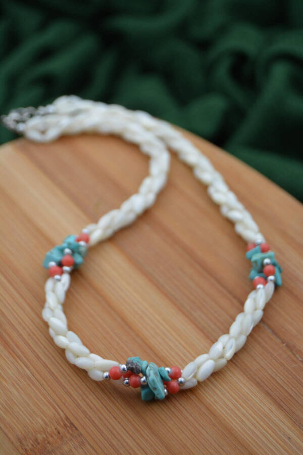 Handmade, unique design, mother-of-pearl and turquoise stone necklace. - 7