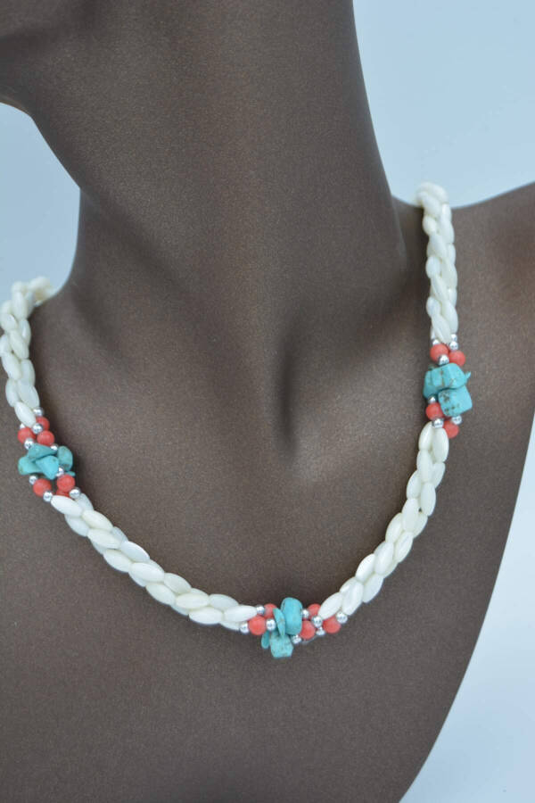 Handmade, unique design, mother-of-pearl and turquoise stone necklace. - 10