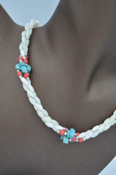 Handmade, unique design, mother-of-pearl and turquoise stone necklace. - 11