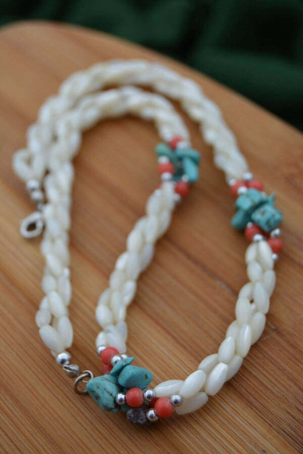 Handmade, unique design, mother-of-pearl and turquoise stone necklace. - 14