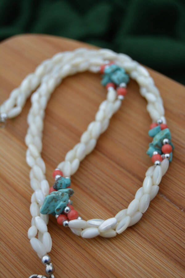 Handmade, unique design, mother-of-pearl and turquoise stone necklace. - 16