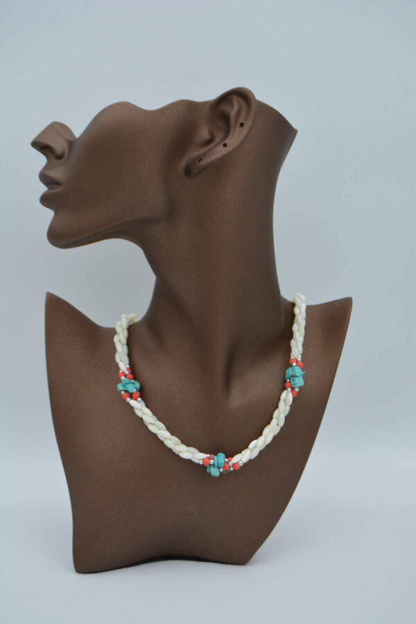 Handmade, unique design, mother-of-pearl and turquoise stone necklace. - 24