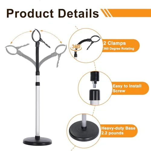 Hands Free Hair Dryer Holder, Blow Dryer Stand with 2 Detachable Heads, 360 Degree Rotating, Hair Dryer Standing, Hair Dryer Sit Under, Heavy Base, Adjustable Height - 3