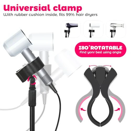 Hands-Free Hair Dryer Stand Holder with Strong Suction Base-63in/160cm Height Adjustable Floor Blower Stand Holder, 180 Degrees Rotatable Larger Clamp Countertop Blow Dryer Stand for Salons or Home Use - 3