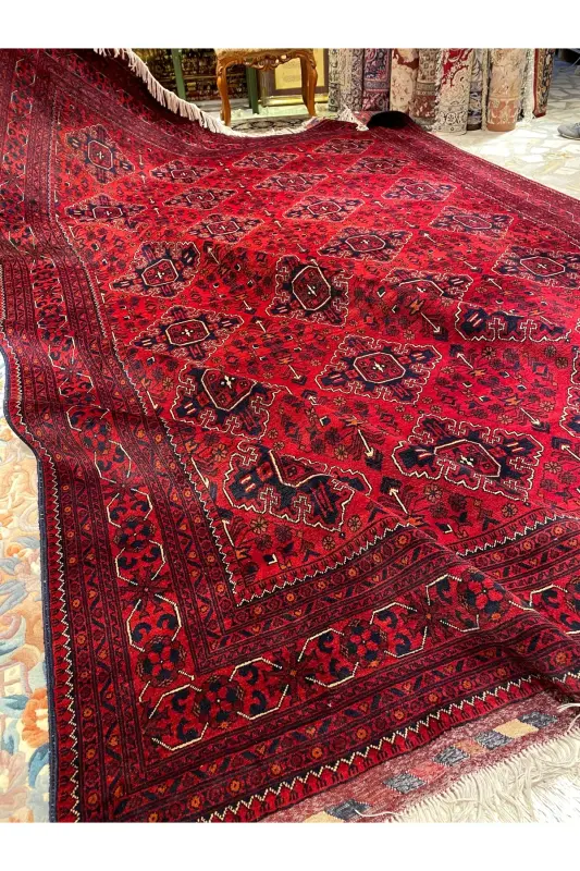 Handwoven Afghan Bilicik Carpet Cotton Warp Wool Weft Vegetable Dye Size 360x246-Bordeaux - 5