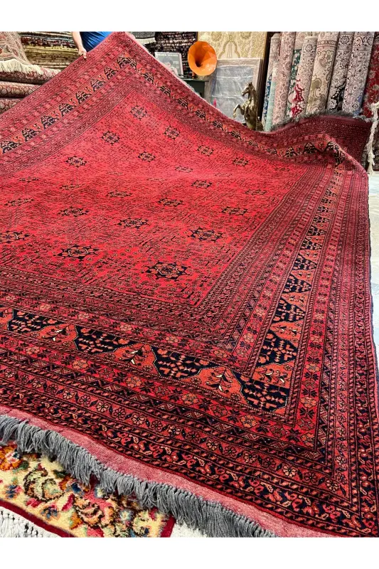Handwoven Afghan Bilicik Carpet Cotton Warp Wool Weft Vegetable Dye Size 400x300-Brick Red - 9