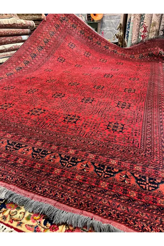 Handwoven Afghan Bilicik Carpet Cotton Warp Wool Weft Vegetable Dye Size 400x300-Brick Red - 10