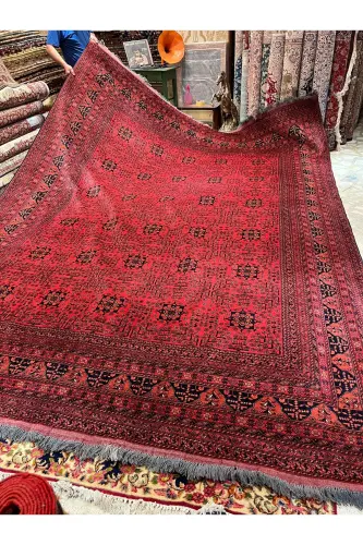 Handwoven Afghan Bilicik Carpet Cotton Warp Wool Weft Vegetable Dye Size 400x300-Brick Red - 12