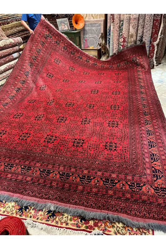Handwoven Afghan Bilicik Carpet Cotton Warp Wool Weft Vegetable Dye Size 400x300-Brick Red - 12
