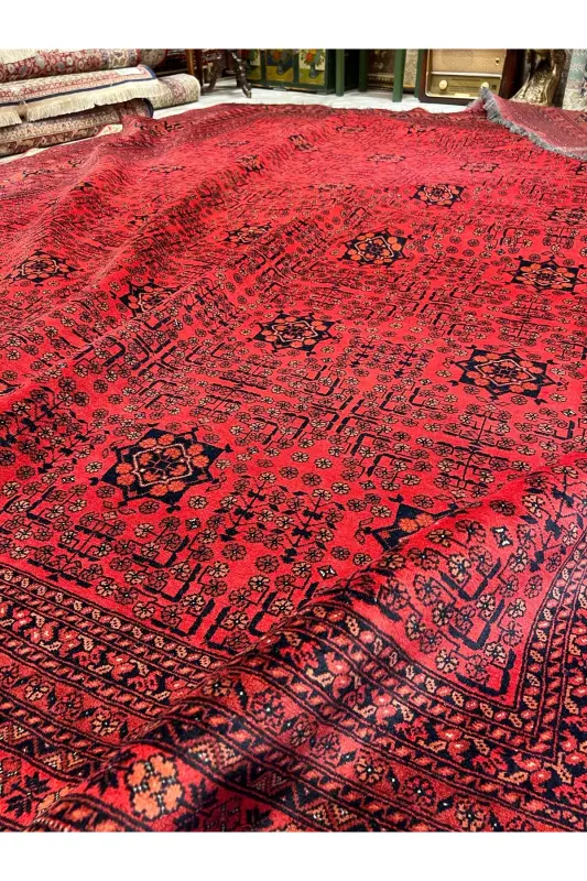 Handwoven Afghan Bilicik Carpet Cotton Warp Wool Weft Vegetable Dye Size 400x300-Brick Red - 8