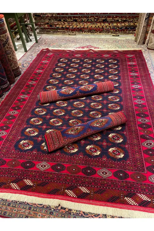 Handwoven Afghan Bukhara Carpet Made of Wool on Wool Weaving with Root Dye Size 300x200 - Navy Blue - 3