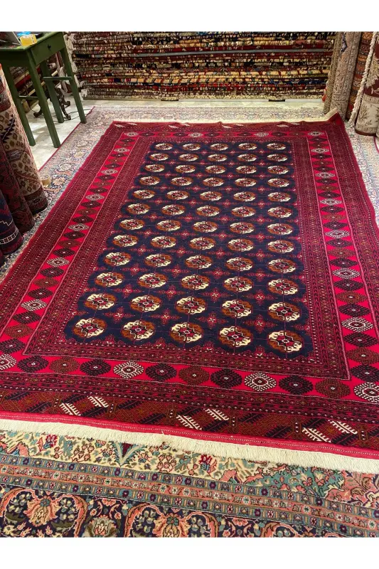 Handwoven Afghan Bukhara Carpet Made of Wool on Wool Weaving with Root Dye Size 300x200 - Navy Blue - 5