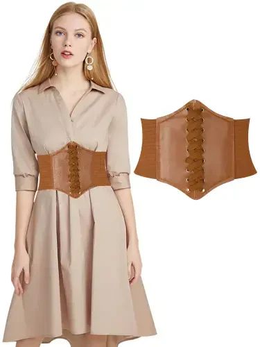 Hanerdun Women Lace-up Corset Waist Belt Stretch Wide Belts for Dress Cinch Waistband Tan M - 3