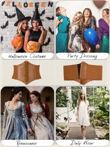 Hanerdun Women Lace-up Corset Waist Belt Stretch Wide Belts for Dress Cinch Waistband Tan M - 5