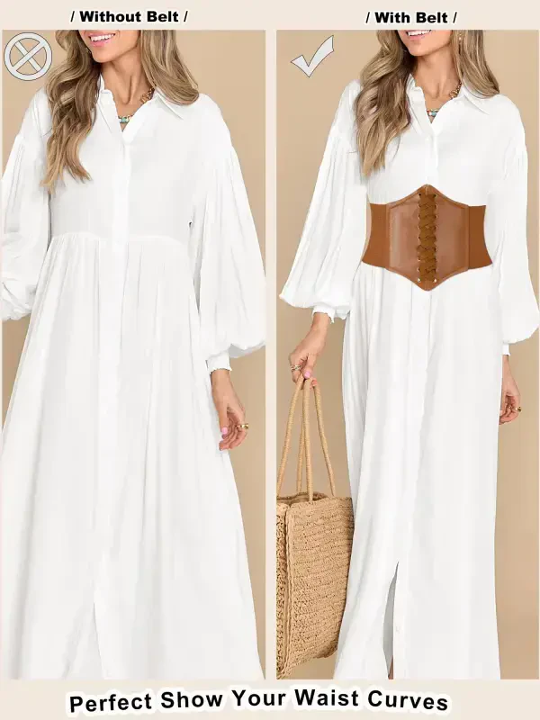 Hanerdun Women Lace-up Corset Waist Belt Stretch Wide Belts for Dress Cinch Waistband Tan M - 6