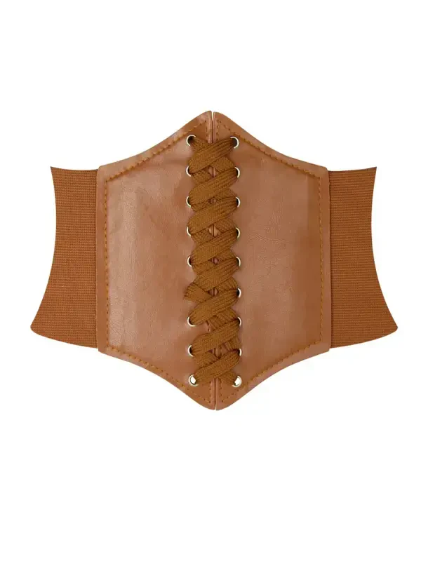 Hanerdun Women Lace-up Corset Waist Belt Stretch Wide Belts for Dress Cinch Waistband Tan M - 7