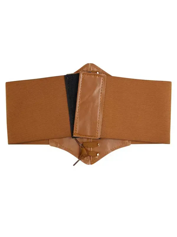Hanerdun Women Lace-up Corset Waist Belt Stretch Wide Belts for Dress Cinch Waistband Tan M - 8