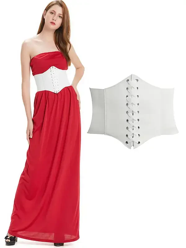 Hanerdun Women Lace-up Corset Waist Belt Stretch Wide Belts for Dress Cinch Waistband White L - 7