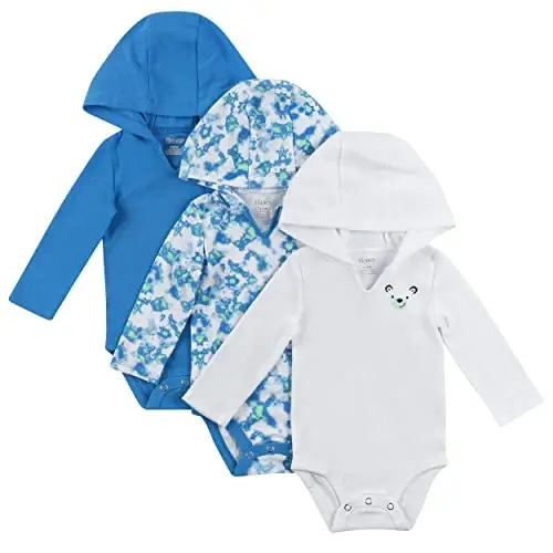 Hanes Baby Long Sleeve Bodysuit, Ultimate Bodysuit Hoodie Boys & Girls, 3-pack - 1