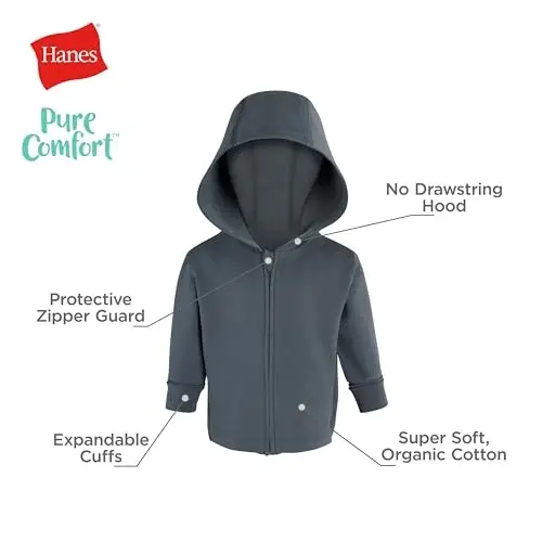 Hanes unisex-baby Pure Comfort Organic Hoodie, French Terry Full-zip Hooded Sweatshirt, Infant Boys & Girls - 4