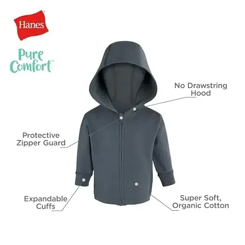 Hanes unisex-baby Pure Comfort Organic Hoodie, French Terry Full-zip Hooded Sweatshirt, Infant Boys & Girls - 4