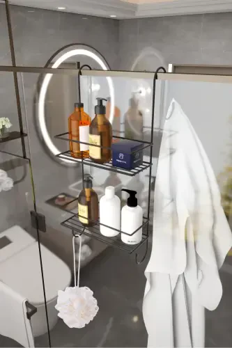 Hangable Luxury Bathroom Shelf with Hooks Shampoo Holder Stainless Steel Shower Cabin Shelf No Drilling Hanging Shower Shelf - MONIEV (1)